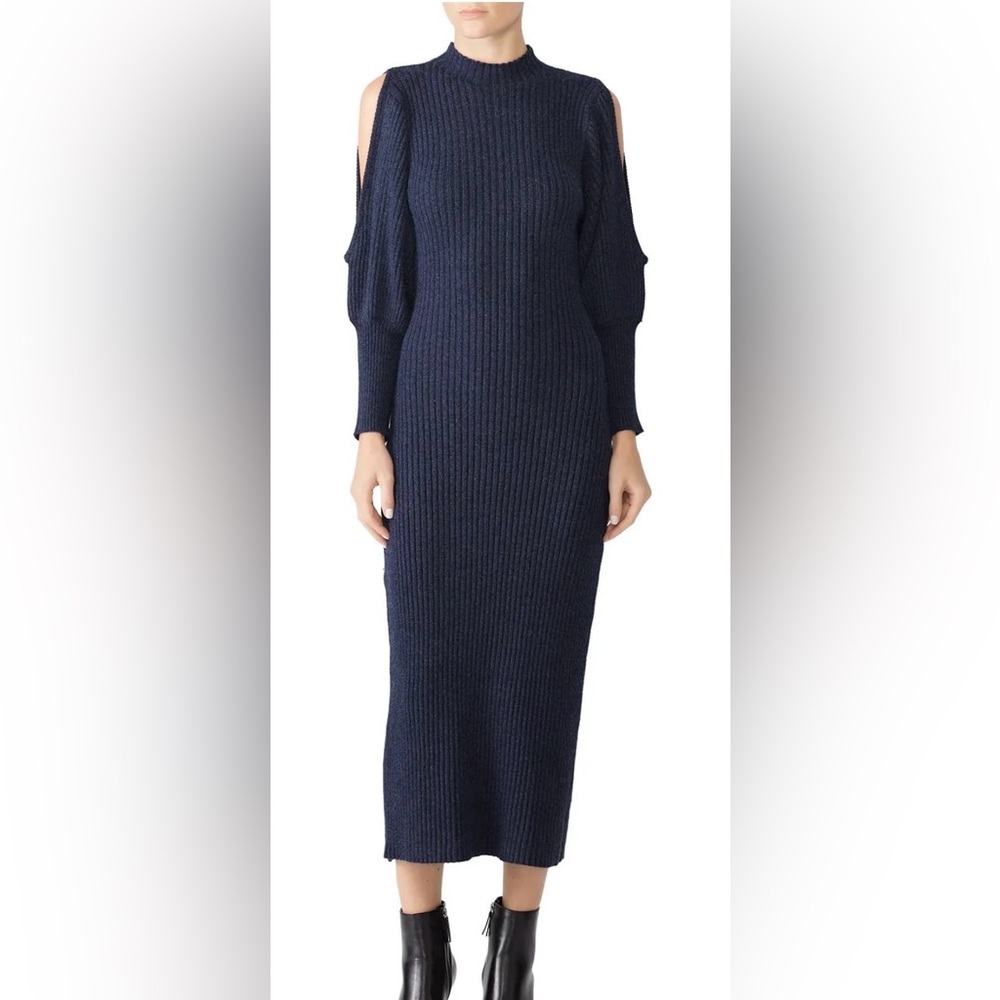 Elliatt Flattering Cold Shoulder Ribbed Wool Maxi Dress in Navy